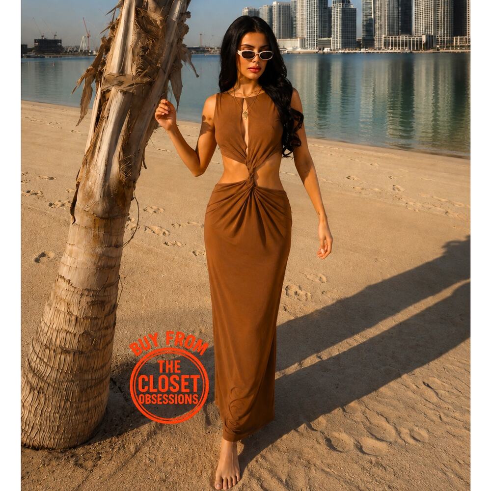 ZARA Brown Cut Out Maxi Dress Vacation Resort Dress NWT - Picture 4 of 16